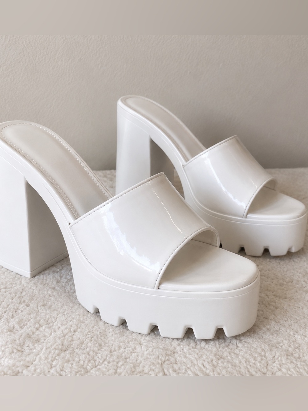 White Platform Block Heel Slide Sandals
